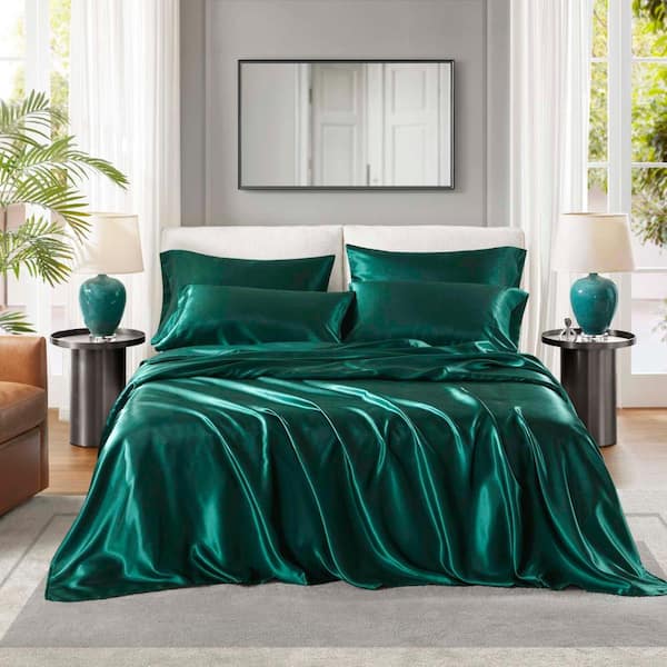 Home Decor OEKO-TEX Certified 6-Piece Satin Sheet Set Wrinkle Free, Smooths Out Frizzy Hair When Sleep, King, Emeralds