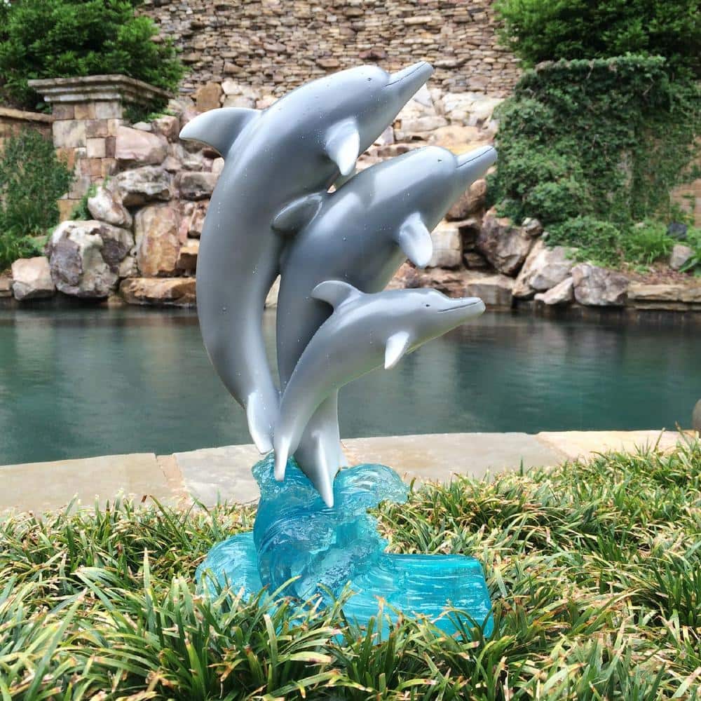Natural Gray and Blue Resin Dolphin Statue for Indoor/Outdoor Use