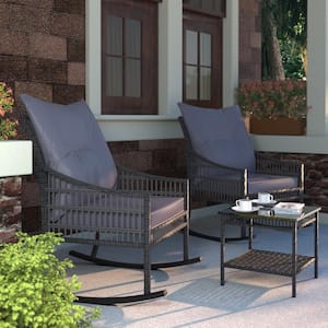 Dark Grey Wicker Outdoor Rocking Chair Set with Grey Cushions, 2-Chairs and 1-Table
