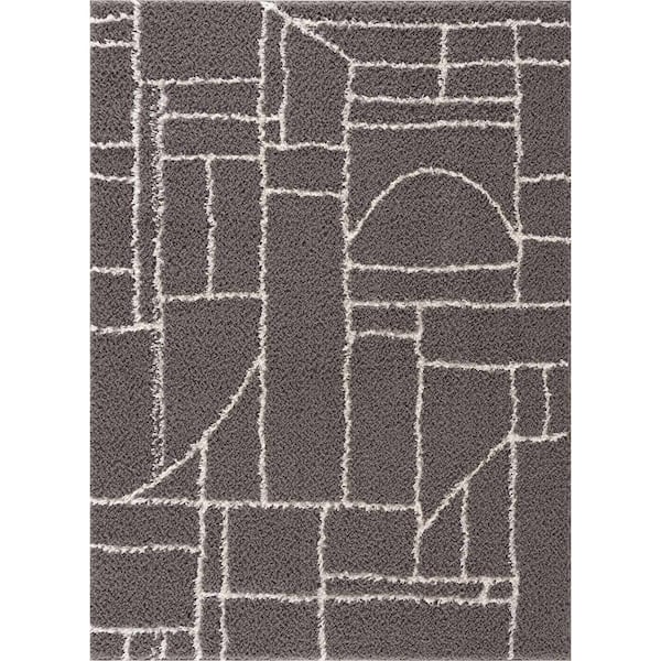 HAUTELOOM Andia 3 ft. X 7 ft. Gray, White Minimalist Geometric Contemporary Modern Soft Runner Rug