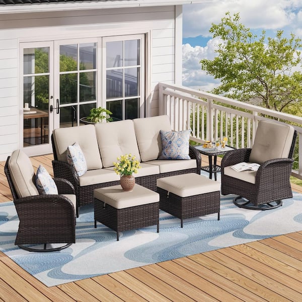 6-Piece Dark Brown Wicker Patio Conversation Set Outdoor Sofa Set with Beige Cushions