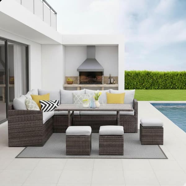 7-Piece Wicker Outdoor patio Sectional Sofa Set with Dining Table
