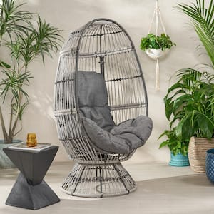 Pintan Grey and Taupe Swivel Faux Rattan Outdoor Patio Lounge Chair with Dark Grey Cushion