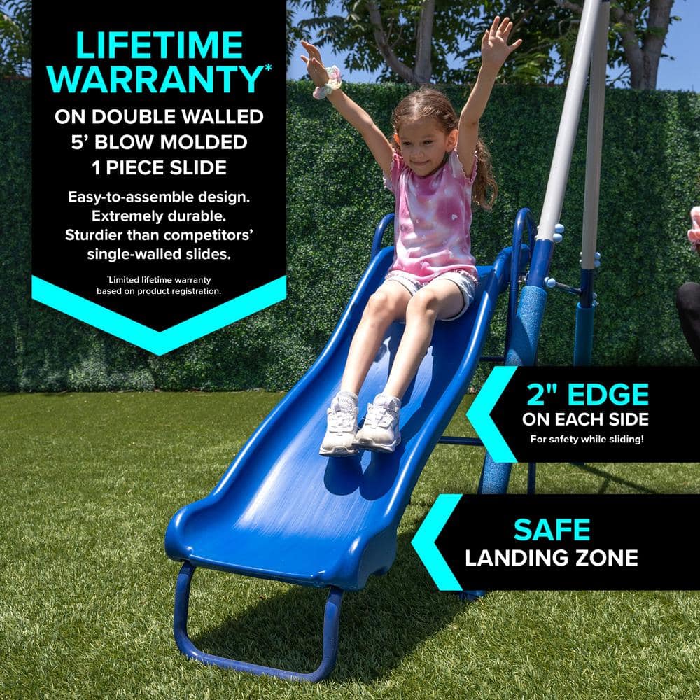 Blue Metal Swing Set with Slide and Glider