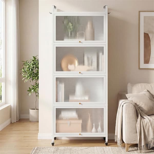 White 4-Shelf Metal 23.5 in. W Kitchen Baker's Rack Storage Cabinet Mobile Microwave Stand Flip-up Doors