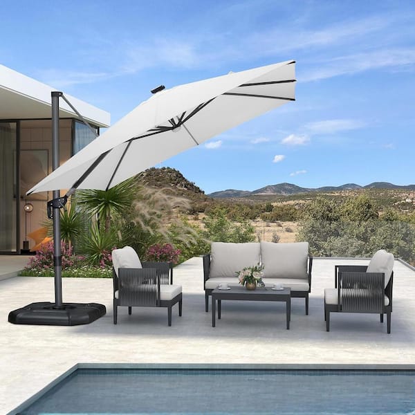 PURPLE LEAF 10 ft. Square Cantilever Patio Umbrella Solar Powered LED Aluminum Offset 360° Rotation Umbrella with Base, White