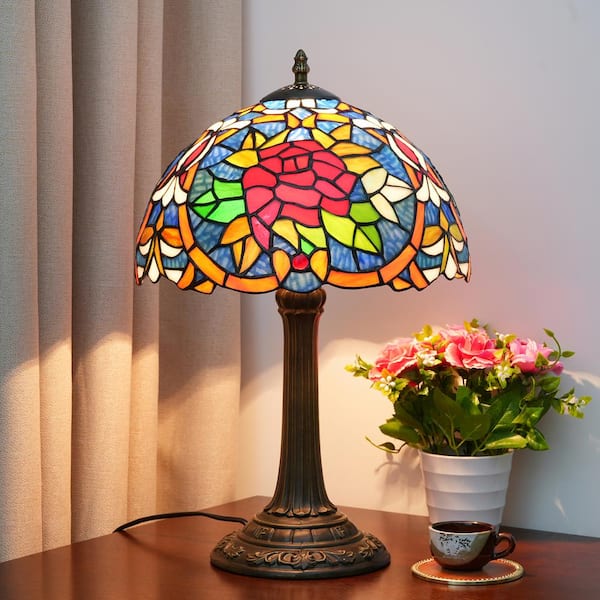 19 in. Multi-Colored Tiffany Style Bronze Finish Table Lamp with Red Rose Stained Glass Lamp Shade