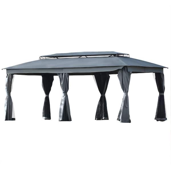Unbranded 9 ft. W x 18 ft. L Gazebo with Oxford Cloth & Mosquito Nets for Outdoor, Double Top Design Zipper Design, Gray