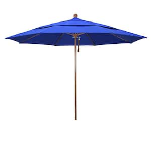 11 ft. Woodgrain Aluminum Commercial Market Patio Umbrella Fiberglass Ribs and Pulley Lift in Pacific Blue Sunbrella