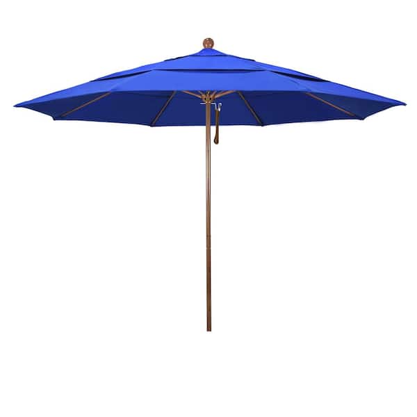 California Umbrella 11 ft. Woodgrain Aluminum Commercial Market Patio Umbrella Fiberglass Ribs and Pulley Lift in Pacific Blue Sunbrella