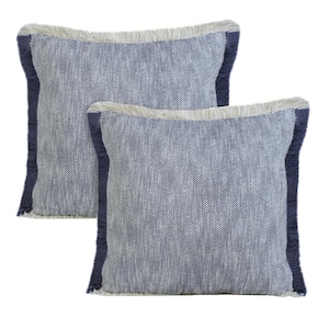 Aspen Navy Solid Color Fringed Hand-Woven 20 in. x 20 in. Indoor Throw Pillow Set of 2