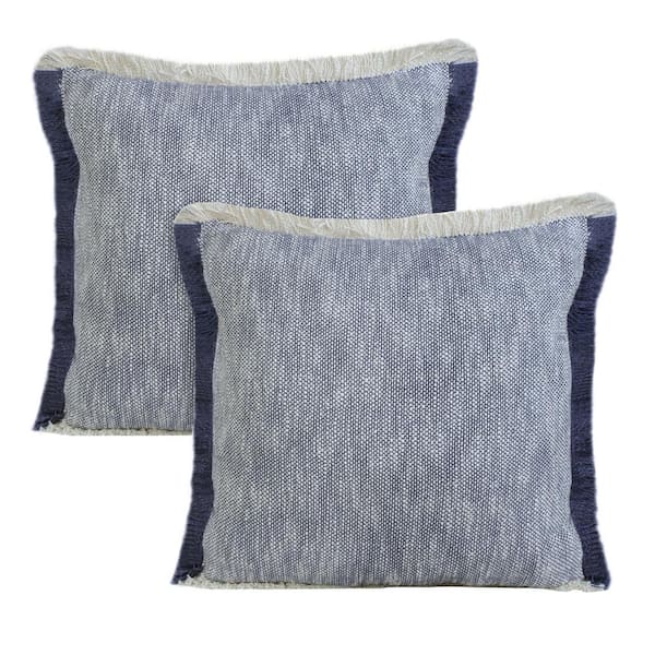 Unbranded Aspen Navy Solid Color Fringed Hand-Woven 20 in. x 20 in. Indoor Throw Pillow Set of 2