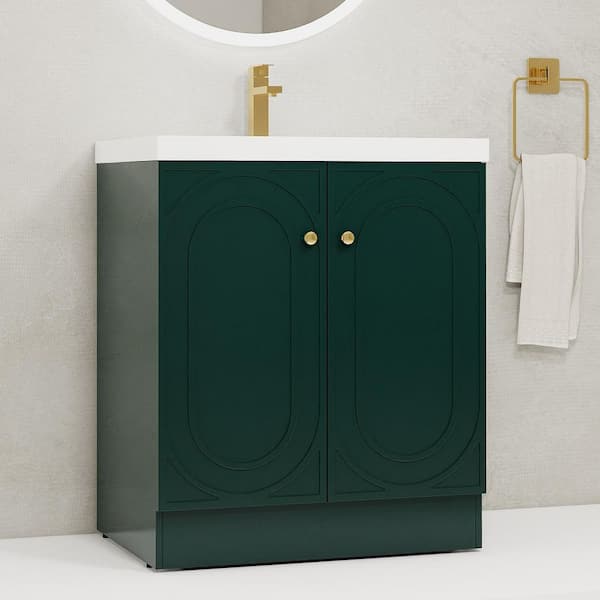 30 in. Single Sink Freestanding Green Bath Vanity with White Resin Top, Adjustable Shelf, 2 Soft-Close Cabinet Doors