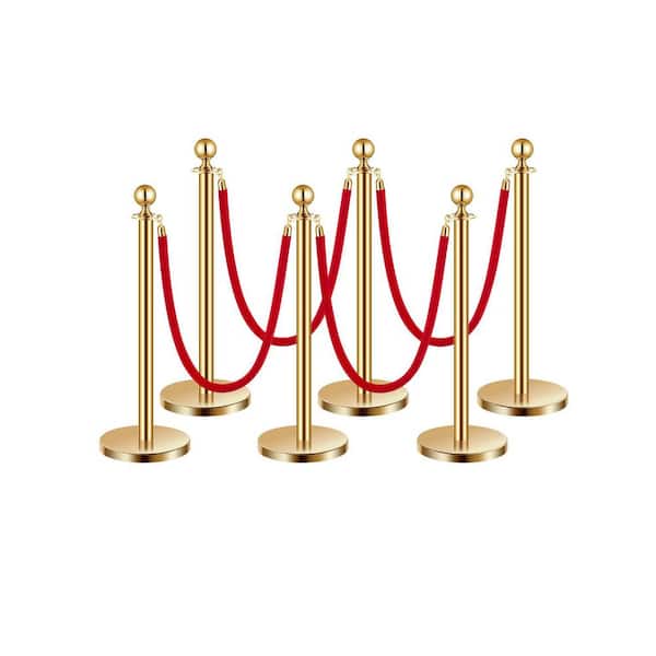 Stanchions and Velvet Ropes 6 Pcs, Hollow Base with Stainless Steel Post, 4 Red Velvet Ropes and Posts