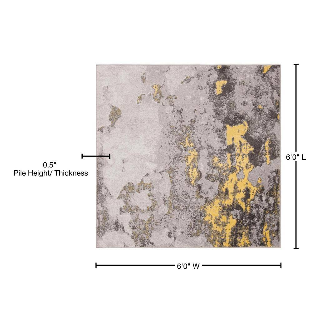 6' Square Gray and Yellow Abstract Area Rug