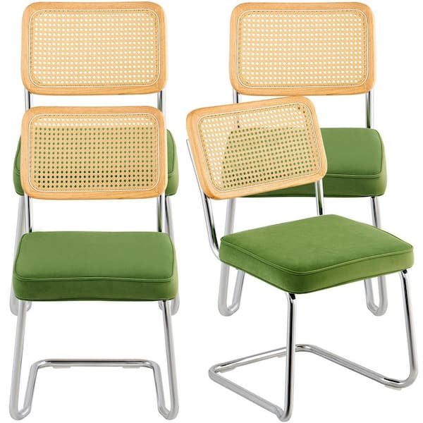SKYSHALO Rattan Dining Chairs Set of 4, Mid Century Modern Dining Chair, Upholstered Chair with Rattan Back Lawn Chair Metal
