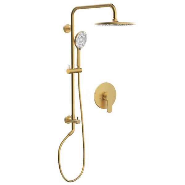 YAWWALK 2-Spray Round High Pressure Wall Bar Shower Kit with 3-Spray Hand Shower in Brushed Gold (Valve Included)