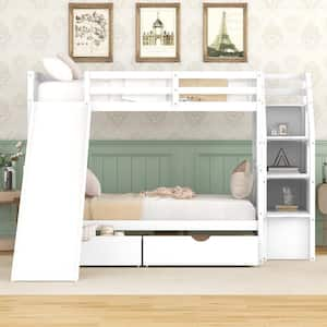 White Twin Over Full Bunk Bed with Slide for Kids and Teenagers, Solid Wood Bunk Bed Frame with Drawers and Storage