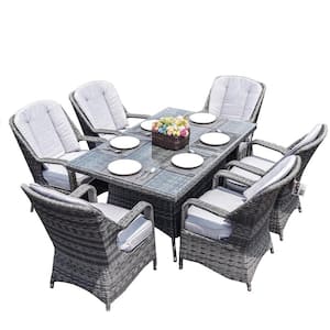 ELLE Gray 7-Piece Wicker Outdoor Dining Set with Gray Cushions