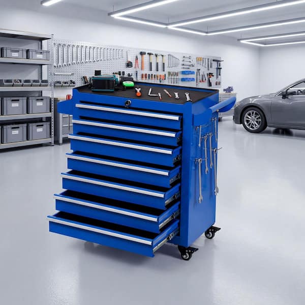Boyel Living Blue 28.5 in. 7-Drawer Tool Storage Cabinet on Wheels