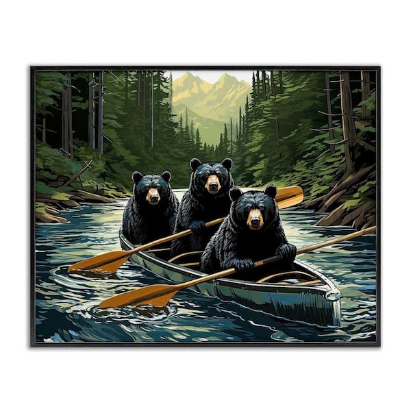 Woodland Canoeing Bears by Jim Baldwin Black Framed Giclee Art Print Animal 20 in. x 16 in.