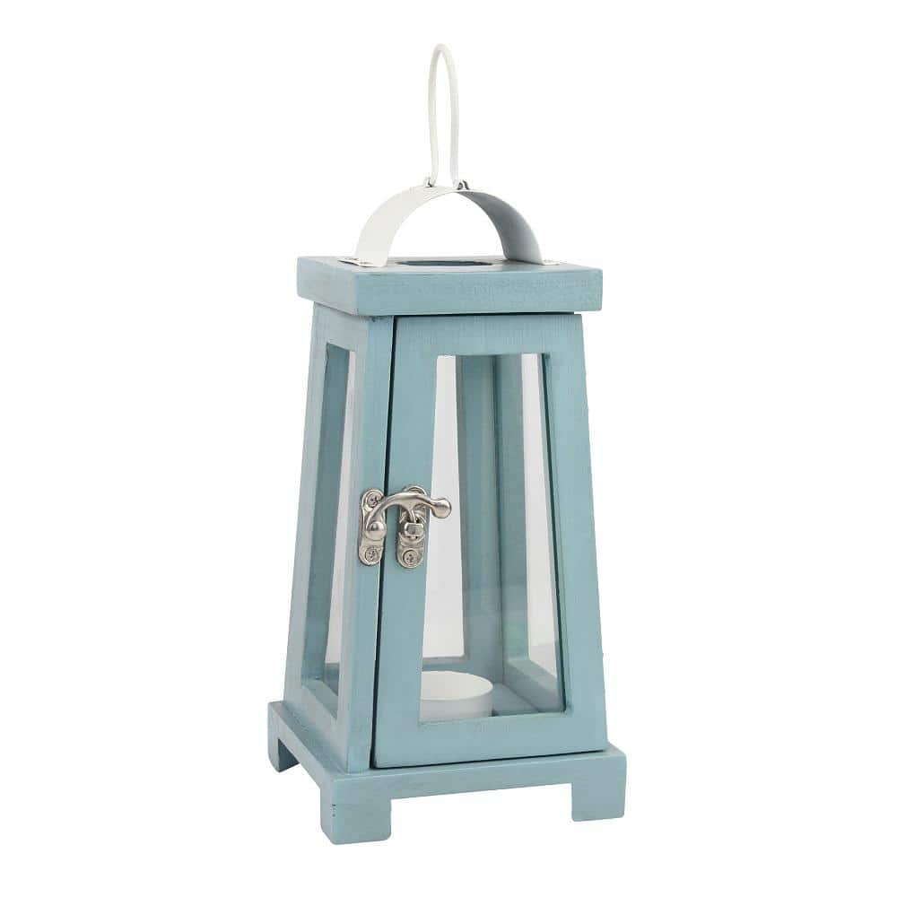 Nautical Blue Painted Wood Tabletop Hurricane Candle Lantern