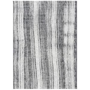 Courtyard Black/Gray 9 ft. x 12 ft. Distressed Striped Indoor/Outdoor Patio  Area Rug