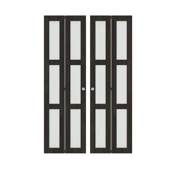 TENONER 48 in. x 80 in. (Double 24 in. W Doors) Frosted Glass, Solid Core, Gray Brown, MDF, 3-Lite Bi-Fold Door with Hardware
