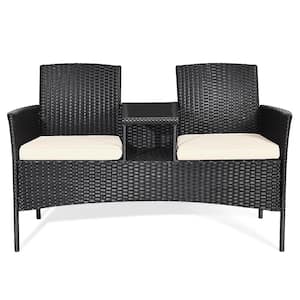 1-Piece Wicker Patio Conversation Set Rattan Loveseat Sofa Chair with Beige Cushions