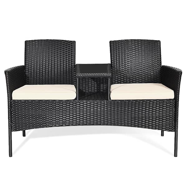 HONEY JOY 1-Piece Wicker Patio Conversation Set Rattan Loveseat Sofa Chair with Beige Cushions