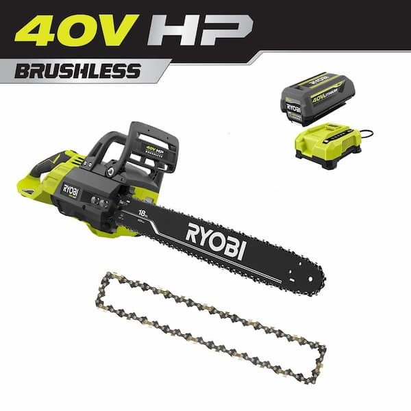 RYOBI 40V HP Brushless 18 in Battery Chainsaw w/ Extra 18 in. Chain, 5.0 Ah Battery and Charger