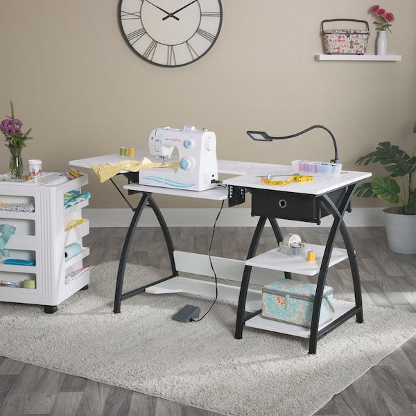 Costway MDF and PVC Folding Sewing Table with Drawer and 3 Shelves in White