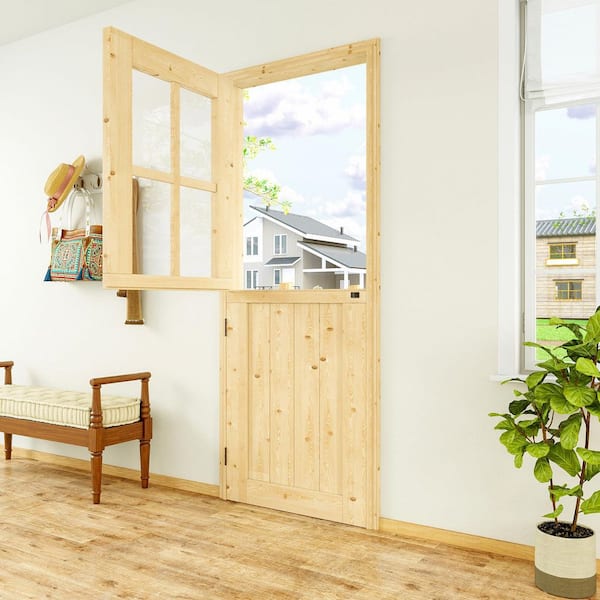 32 in. x 80 in. Solid Pine Universal 4 Lite Clear Glass Unfinished Dutch Door Design Wood Front Door Slab