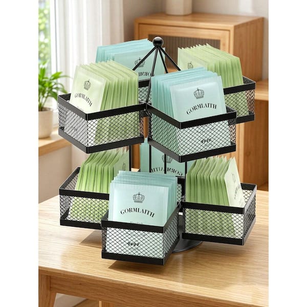 Black Spinning Tea Bag Organizer, Lazy Susan Coffee Creamer Sweetener Caddy for Kitchen Counter Cabinet Pantry Organizer