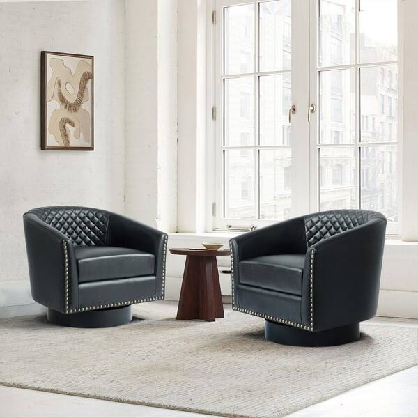 Uixe Mid-Century Black PU Leather 360° Swivel Accent Arm Chair