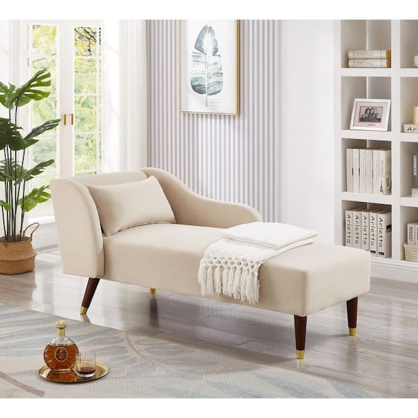 58.3 in. Beige Modern Velvet Bench, Chaise Lounge Chair with Tilted Backrest, Gold-Accent Legs and Removable Pillow
