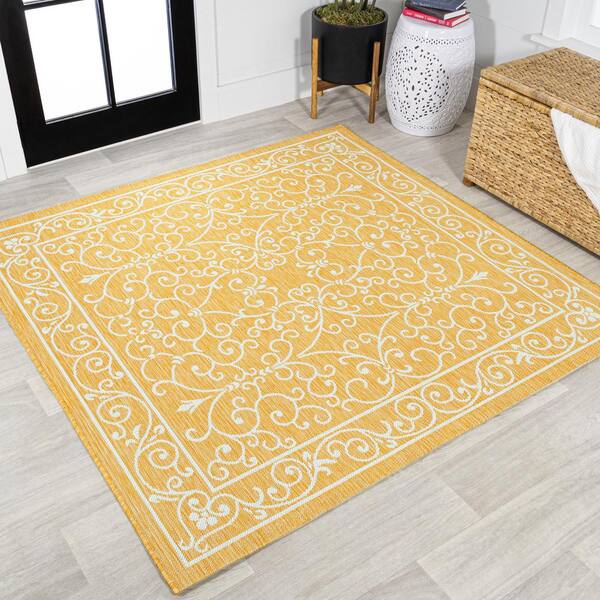 Charleston Vintage Filigree Textured Weave Yellow/Cream 5 ft. Square Indoor/Outdoor Area Rug