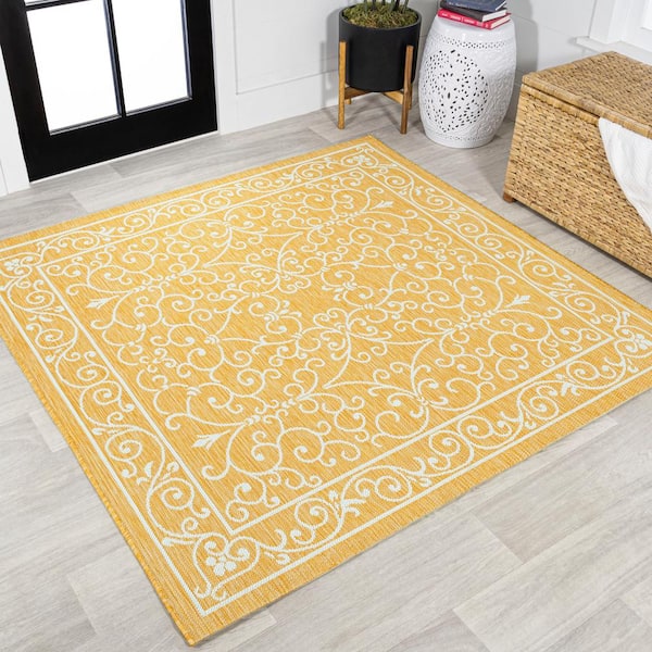 Charleston Vintage Filigree Textured Weave Yellow/Cream 5 ft. Square Indoor/Outdoor Area Rug