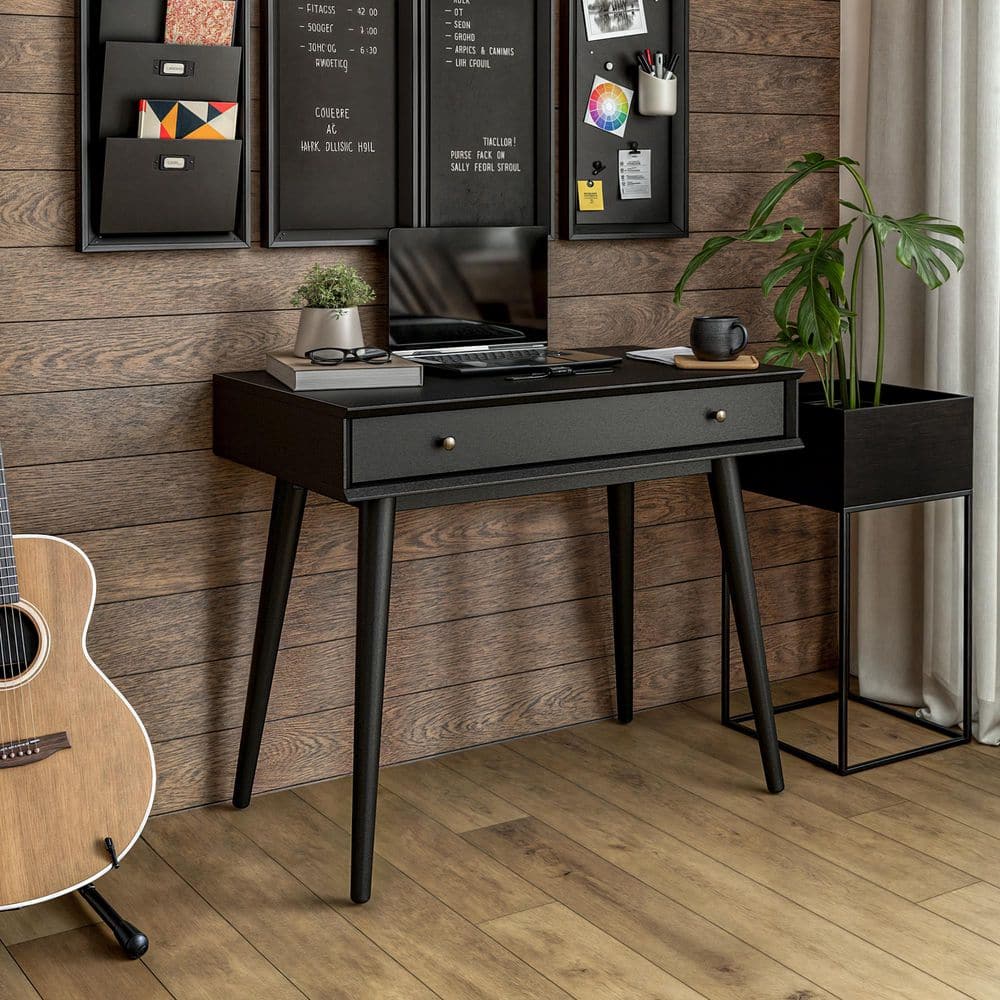 35.88 in. Rectangular Black Wood 1-Drawer Writing Desk