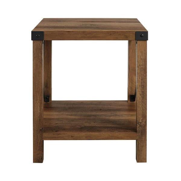 Walker Edison Furniture Company Urban Industrial 18 in. Rustic Oak Square Metal X Accent Side Table with Lower Shelf