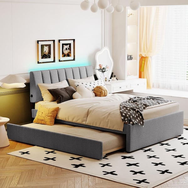 Harper & Bright Designs Gray Wood Frame Teddy Fleece Full Size Upholstered Platform Bed with Trundle and LED Lights