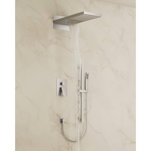 3-Spray 22 in. Wall Mount Rainfll and Waterfall Dual Shower Head 2.5 GPM in Brushed Nickel(Vlave Included)