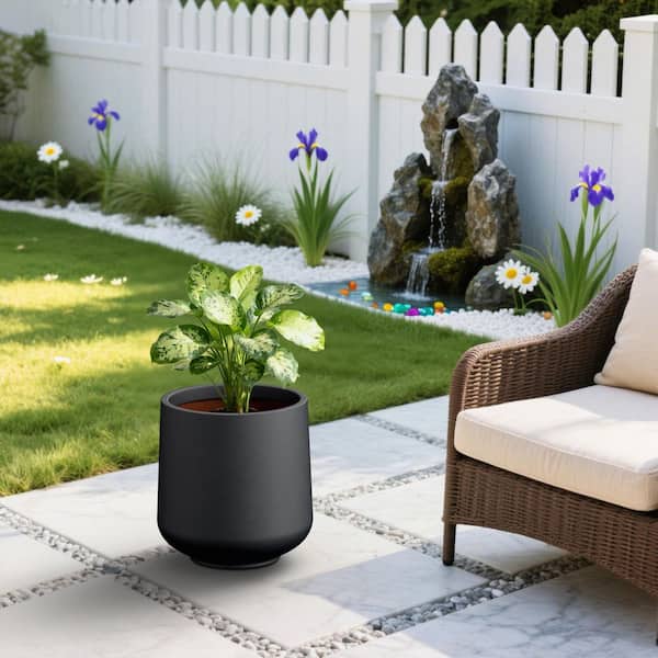 16 in. Large Matte Black(Upgraded Interior) Concrete Tall Round Planter / Pot with Drainage Holes for Outdoor Indoor