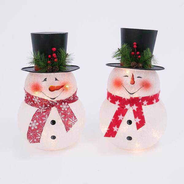 GERSON INTERNATIONAL 13.75 in. H Assorted Electric Frosted Glass Snowman Lights with Metal Top Hat (Set of 2)