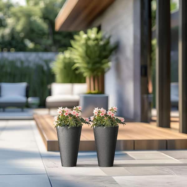 Medium Black Tapered Round Plastic Planter Self Watering with Drainage Holes (10 in. L x 10 in. W x 15 in. H) (2-Pack)