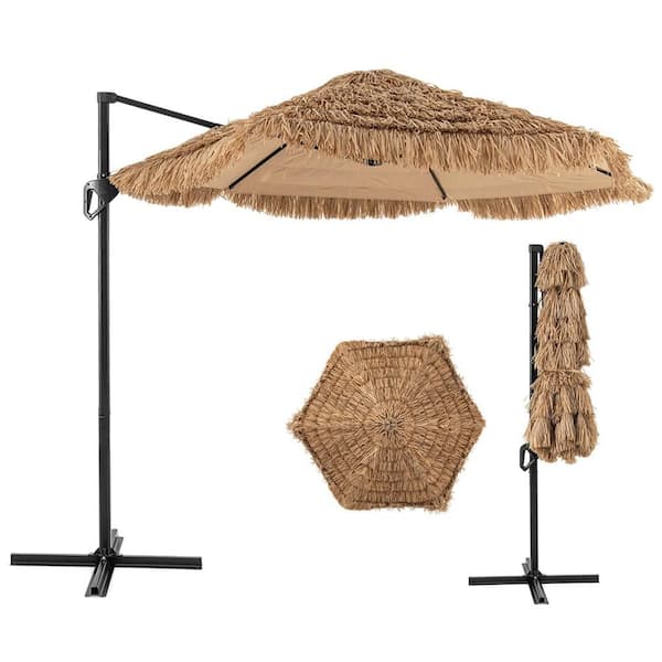 buy thatch patio umbrella Costway 9.5 ft. Cantilever Hula Tiki Thatch Patio Umbrella with Vented Top,  8-Layer Thatch in Natural HCST10762