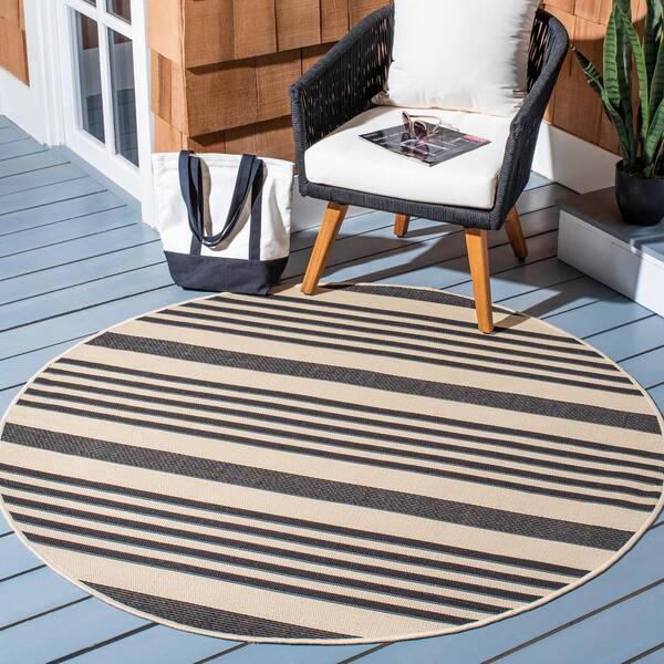 Courtyard Black/Bone 3 ft. x 3 ft. Striped Indoor/Outdoor Round Area Rug