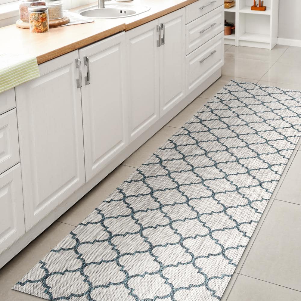 Gray and Teal Trellis Flat Woven Synthetic Rug