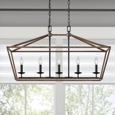 Weyburn 5-Light Black and Faux Wood Caged Rectangular Chandelier, Linear Farmhouse Dining Room Pendant, Island Light