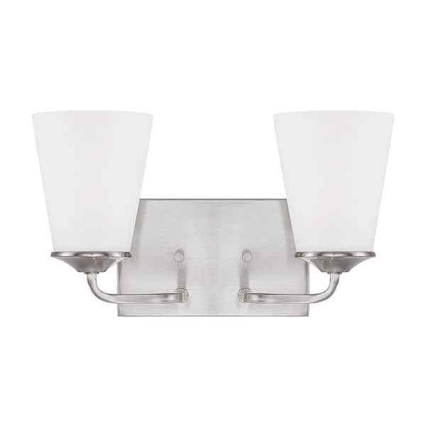 HOMEPLACE LIGHTING 13.5 in. W x 8 in. H x 7 in. E 2-Light Brushed Nickel Vanity Light with Soft White Glass Shade